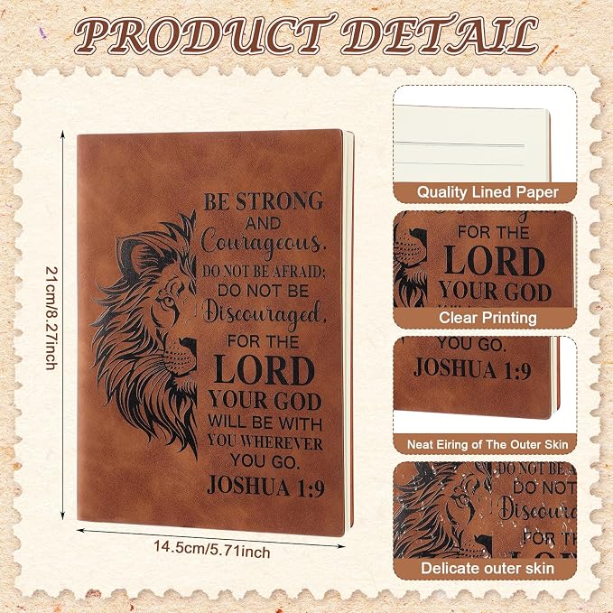 Fuyoooo 4 Pcs Christian Gifts for Men Father's Day Pastor Appreciation Gifts Vintage Leather Hardcover Notebook 1 Timothy 6:11 Religious Bible Verse Pen Joshua 1:9 Bookmark & Box(Lion,Brown)