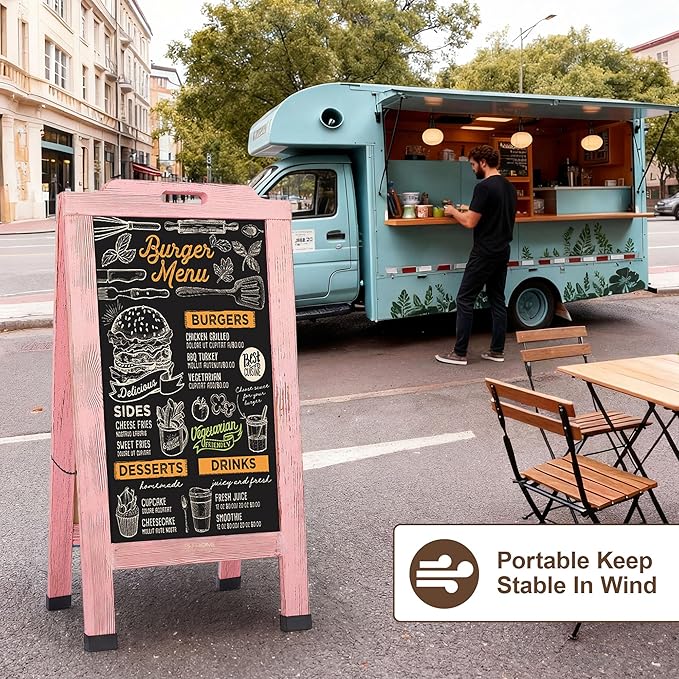 Magnetic Portable A-Frame Chalkboard Signs, 40" x 20" Large Wood Sandwich Board Signs Outdoor, Double-Sided Sidewalk Standing Chalk Board for Business, Wedding, Vendor Display, Coffee Shope - Pink