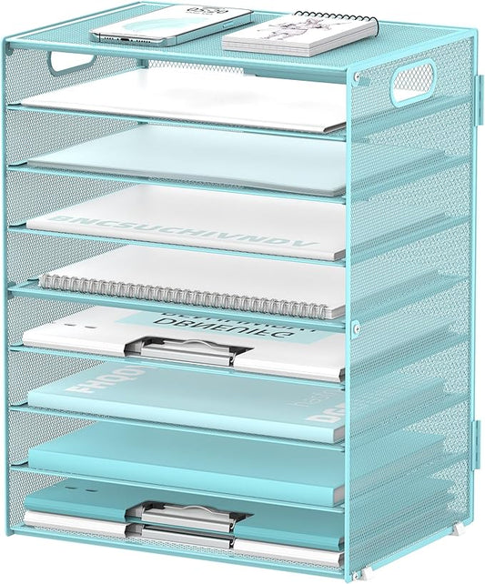 DALTACK 9-Tier Paper Organizer for Desk, Mesh Letter Tray Desk Organizer with Handles, Space-Saving File Organizer for Office Home School, Blue