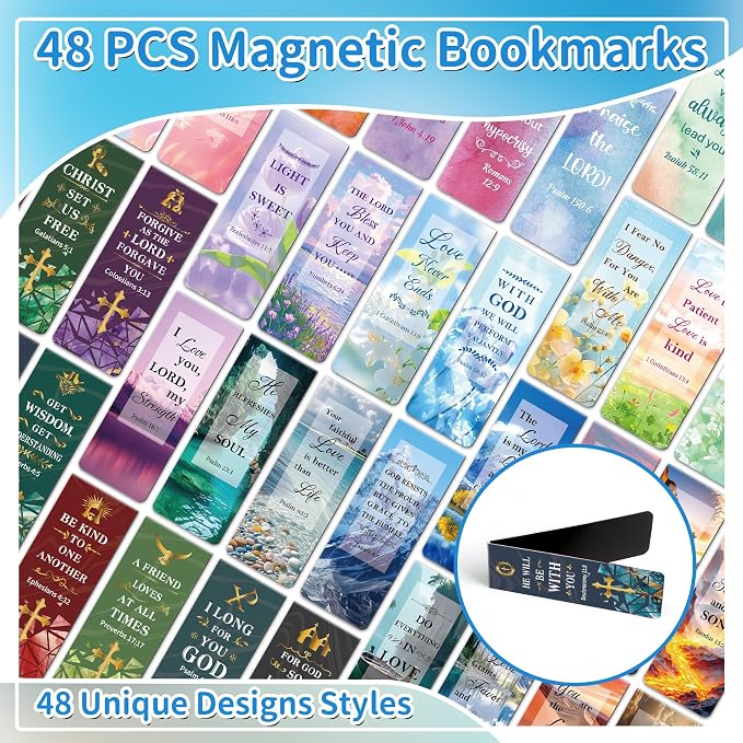48Pack Magnetic Bookmarks Christian Bookmarks Bulk Bible Bookmark for Reading Women Men Kids Teacher Book Lovers Gifts, Religious Magnet Bookmark Clips Cute Personalized Book Marks (Multi-Style)