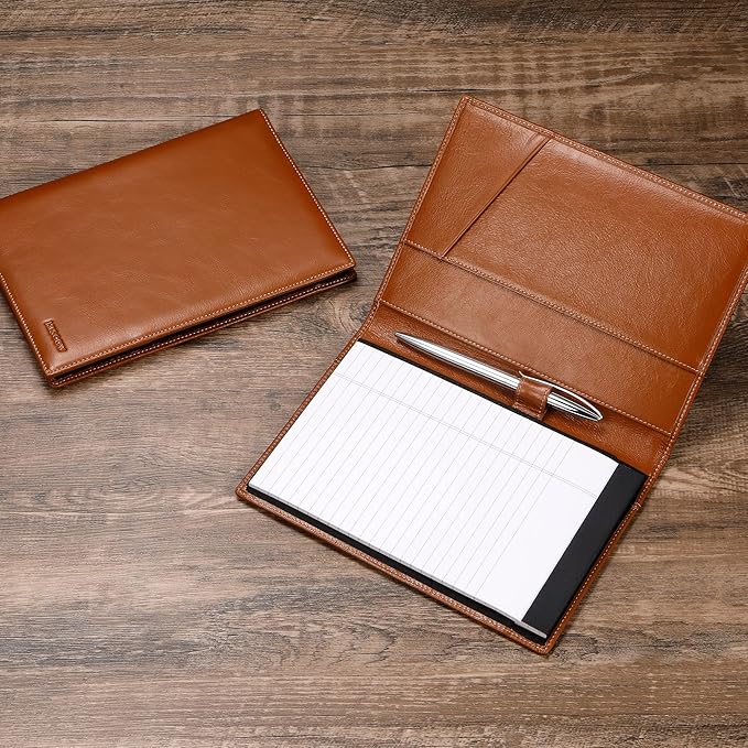 Leather Junior Padfolio for Men & Women with Pen Loop, Italian Calfskin, Business Portfolio Notebook Folder (Antiqued Brown)