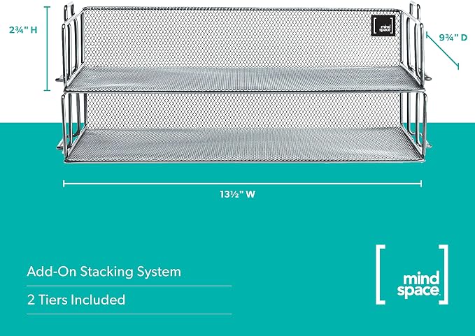 Mindspace 2 Tier Stackable Letter Tray | Paper Tray Desk Organizer | The Mesh Collection, Silver