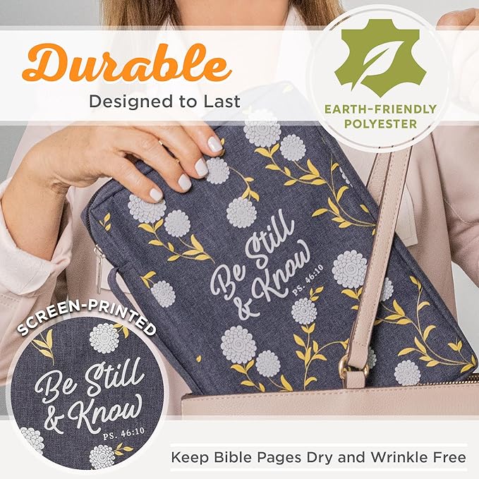 Christian Art Gifts Men & Women’s Bible Cover – Be Still & Know Psalm 46:10, Navy Canvas, Large Size – Durable Zipper Case with Handle, Pen Loop, Interior & Exterior Pockets for Daily Use