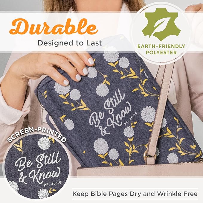 Christian Art Gifts Men/Women's Bible Cover Be Still & Know Psalm 46:10, Navy Canvas, Medium