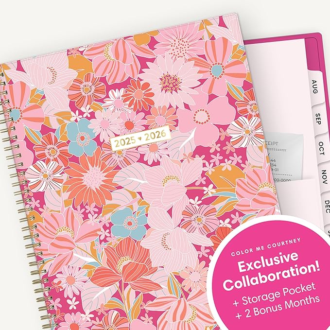 Blue Sky Color Me Courtney 2025-2026 Weekly and Monthly Academic Year Planner Calendar, July 2025 - June 2026, 8.5" x 11", Flexible Cover, Wirebound, Laminated Tabs, Storage Pocket, Bloom Pink
