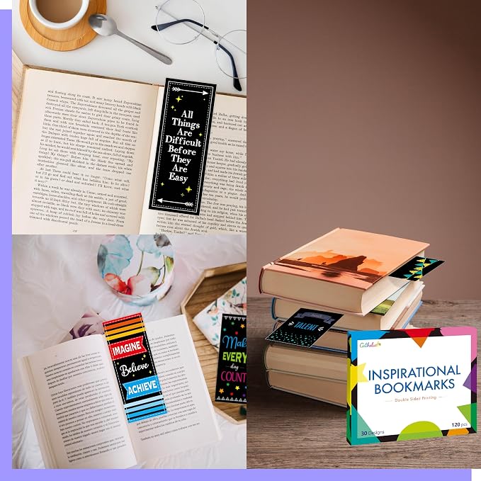 120 PCS Motivational Bookmarks, 30 Designs Double Sided Printing Paper Bookmarks Inspirational Book Markers with PET Film for Primary Middle High Reading Students, Book Lovers (2.4” x 6.1”)