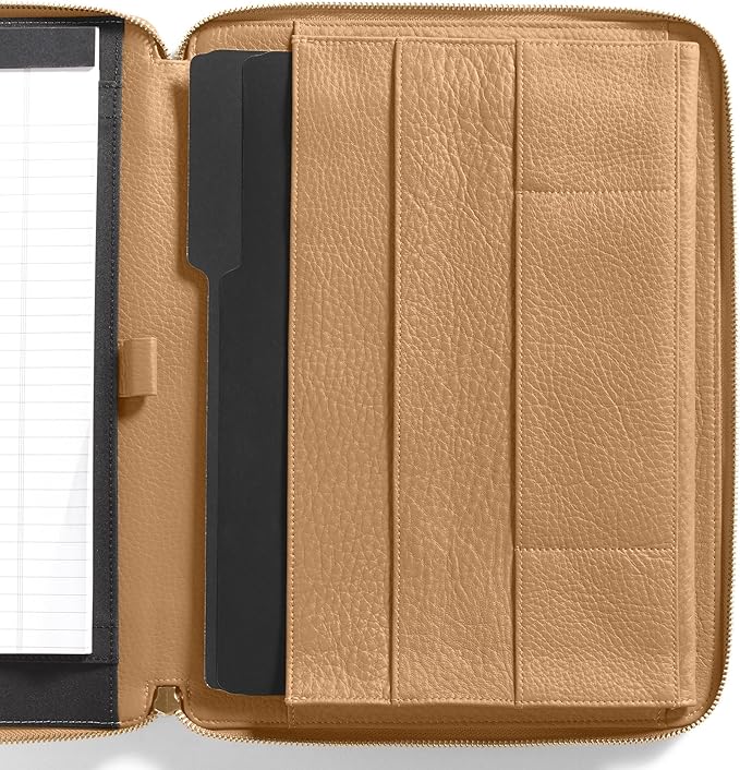 Leatherology Camel Leatherology Left-Handed Executive Zippered Portfolio - Designed for Left-Hand use, fits A4 and Letter-Size Paper, Includes Expandable Pen Loop