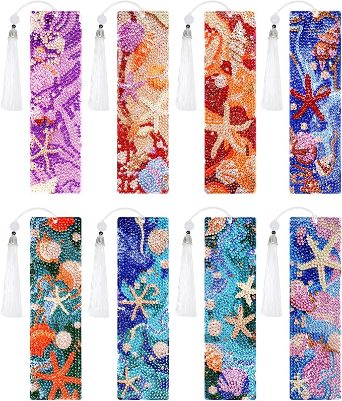 cnomg Diamond Art Bookmarks Kit for Adults 8 Pack Ocean Sea Shell Diamond Painting Bookmarks with Tassels 5D DIY Gem Art Bookmark Set for Craft Lovers Reading Gifts for Book Lovers Women