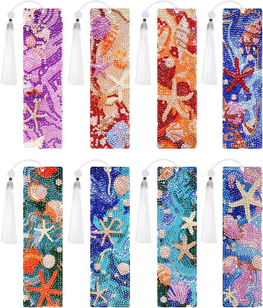 cnomg Diamond Art Bookmarks Kit for Adults 8 Pack Ocean Sea Shell Diamond Painting Bookmarks with Tassels 5D DIY Gem Art Bookmark Set for Craft Lovers Reading Gifts for Book Lovers Women