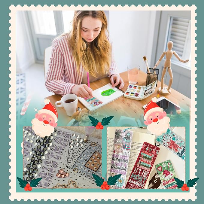 12 Pcs DIY Christmas Diamond Art Bookmark for Adults Flower Cross 5d Diamond Painting Bookmarks with Tassel for DIY Making Kit for Reading Lover Book Lover DIY Crafts Santa Gifts