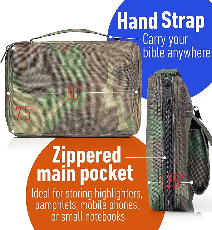 Embassy Bible Cover with Extra Zippered Compartments, to Protect The Good Book, Camouflage