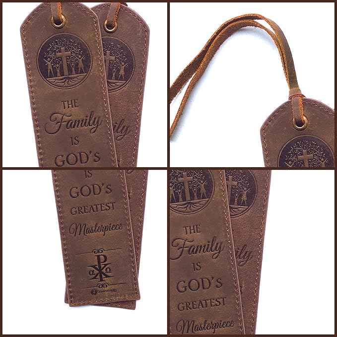 Leather Bible Bookmarks - 2 Leather Christian Bookmarks with Inspirational Verse | The Family is God’s Greatest Masterpiece | Perfect Religious Book Marker Gifts for Men, Women, Readers, Family
