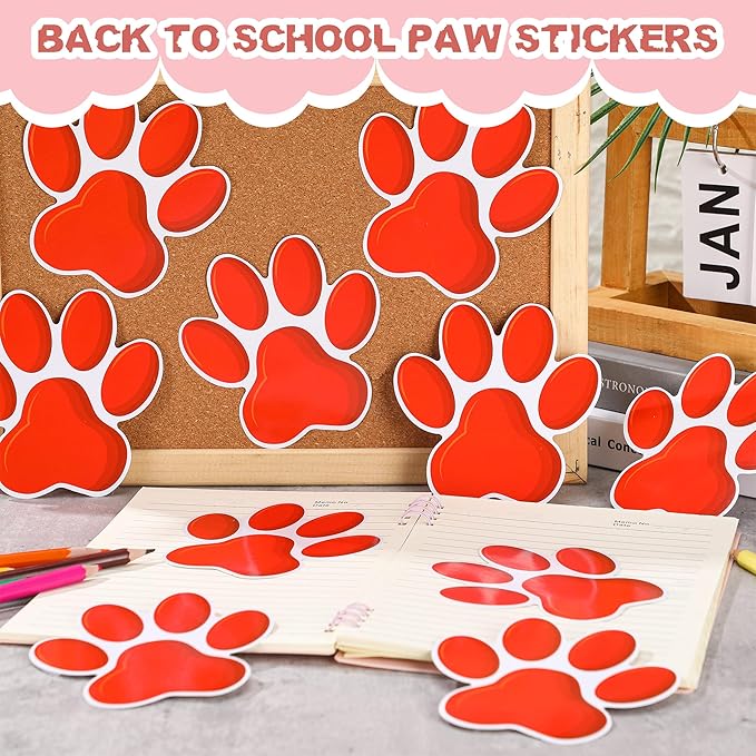 Junkin 60 Pcs Mini Paw Prints Cutouts Accents Bulletin Board Patrol Table Decorations Wall Decal Poster for Kids Educational School Home Party Supplies(Red)
