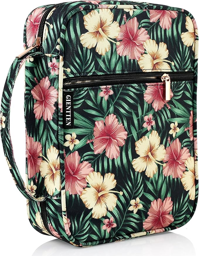 Bible Cover for Women with Flowers Printing, Bible Case,Bible Bag, Study Bible Case,Covers for Bible,Bible Boooks Covers for Women (600D Polyester, Green Leaves Flower Printing)