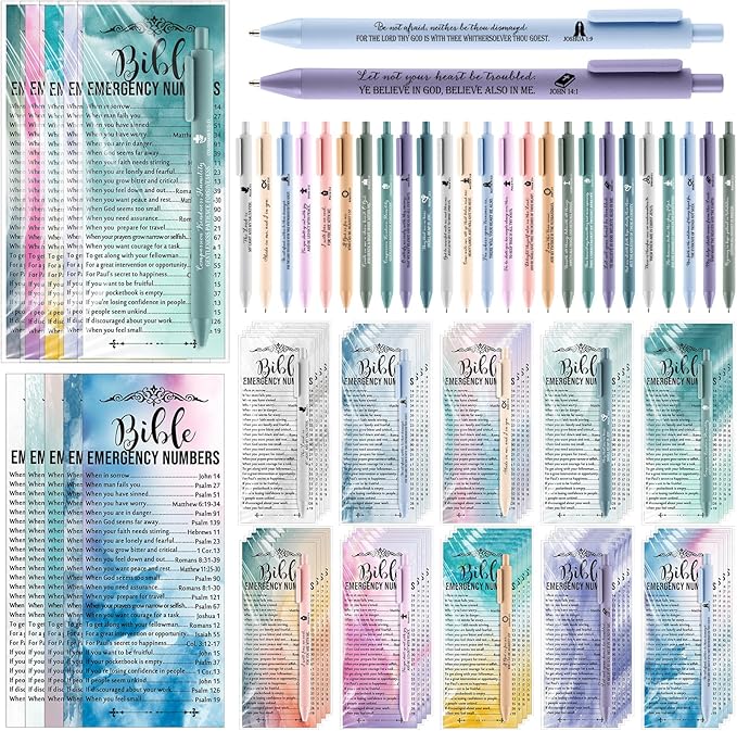 Feifeiya 50 Sets Christian Mothers Day Gifts Bulk Religious Pens Bible Verse Emergency Numbers Bookmarks Scripture Catholic Gifts for Women Men Church Welcome Sunday School(Watercolor,English)