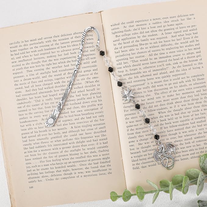 Fantasy Dragon Metal Bookmark - Silver Vintage Wing Beaded Hook Book Marks Fourth Star Charm Cool Unique Page Mark Office School Supplies Gifts for Men Students Teachers Reading Lover Reader