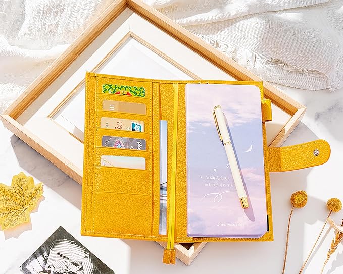 Genuine Leather Cover for Hobonichi Weeks/Weeks Mega with Pen Loop, Card Slots, Back Pocket, and Bookmarks (Yellow)