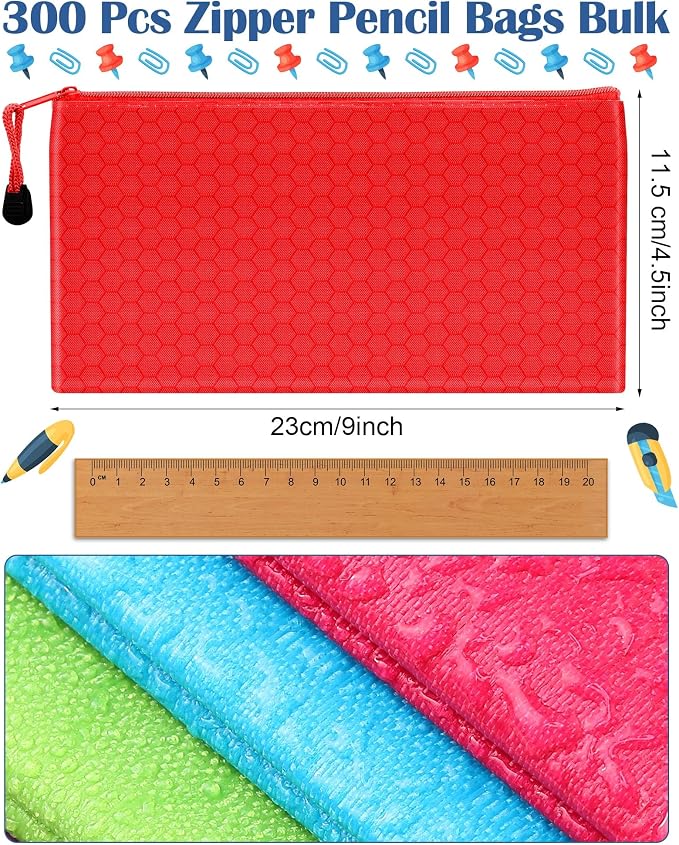 Aliceset 300 Pcs Pencil Pouches Bulk 12 Color A6 Size Small Zipper Pencil Bags Football Pattern Waterproof Bulk Pen Pouches Stationery Storage Bags for Back to College Office Supplies