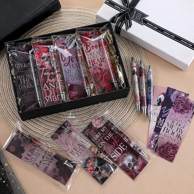 Affrolling 60 Pcs Dark Romance Bookmarks and Pens Merch Double Sided Romance Smutty Spicy Book Lover Gifts Romantasy Skeleton Page Marker Clip Gifts for Women Teachers Reading
