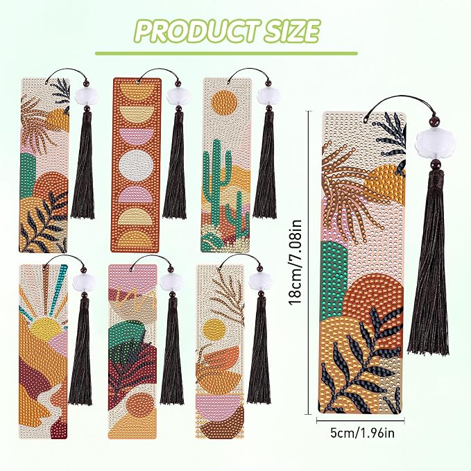 Boho Diamond Painting Bookmark Kit: 6PCS Aesthetic Diamond Art Bookmarks with Tassels, Bohemian Diamond Art Book Marks, DIY Craft Gift for Book Lovers, Reading Accessories for Adults & Kids