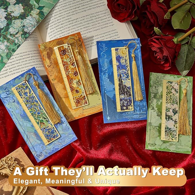 4 PCS Metal Bookmark Ruler, Hollow Van Gogh Book Marks for Reading Women & Men, Journals, Planners,Book Lovers Gift