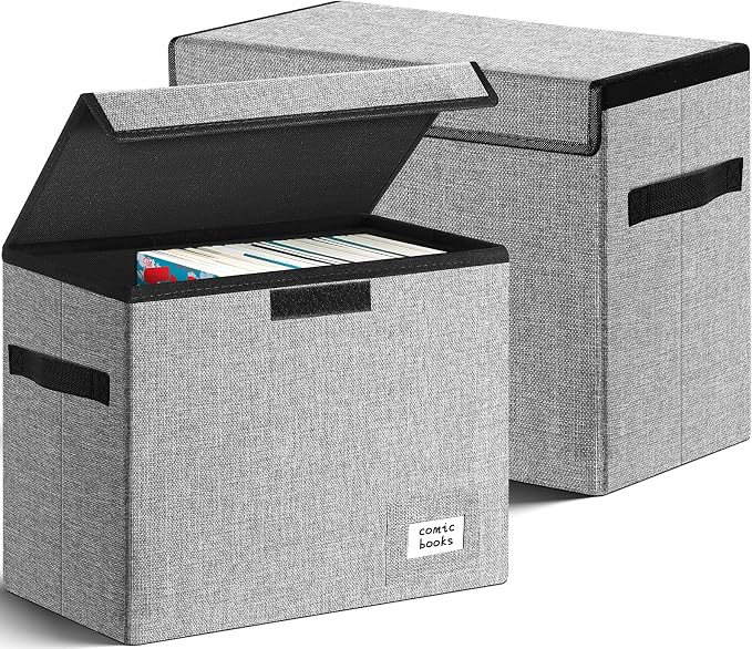 Leffis Comic Book Storage, Box 15.5" X 7.5" X 11.3", Collapsible Comic Short Box with Lids Holds 150 Comics Heavy Duty Comic Book Bin Container (2 pack, grey)