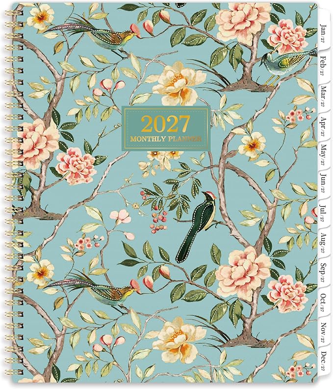 2027 Monthly Planner - 2027 Planner with Tabs, Monthly Planner/Calendar 2027, Jan. 2027 - Dec. 2027, 9" x 11", Strong Gold Twin-wire Binding, Back Pocket, Note Pages - Floral