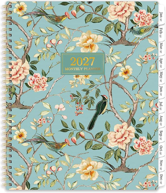 2027 Monthly Planner - 2027 Planner with Tabs, Monthly Planner/Calendar 2027, Jan. 2027 - Dec. 2027, 9" x 11", Strong Gold Twin-wire Binding, Back Pocket, Note Pages - Floral