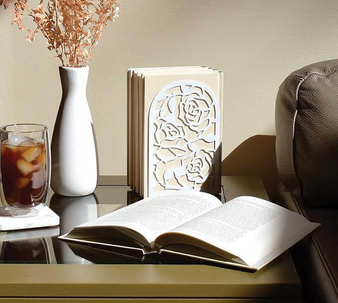 CNK Book Ends, Premium BookEnds for Bookend Shelves, Book Stopper Metal Book Ends for Home Office Heavy Books, Book Shelf Holder, Home Decorative, Book Stoppers, Book Holder (Rose White)