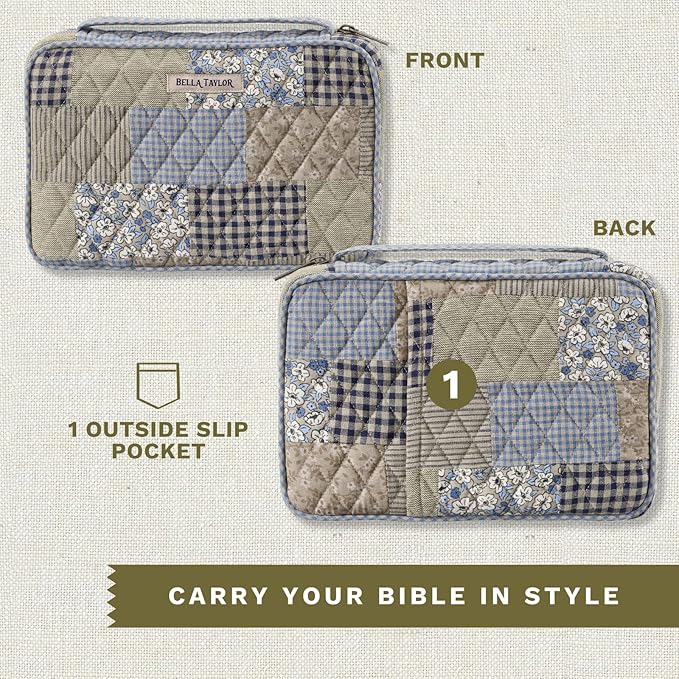 Bella Taylor Small Bible Cover for Women - Quilted Cotton Bible Case for 6 x 9 inch Books - Khaki Patchwork