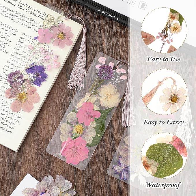 Fuyoooo 376 Pcs Dried Flower Bookmark Making Kit, DIY Bookmark Laminating Pouches with Tassels and Puncher DIY Project Gifts for Women Night Out Craft Book Lovers (Boho Color,2 x 6 Inch)