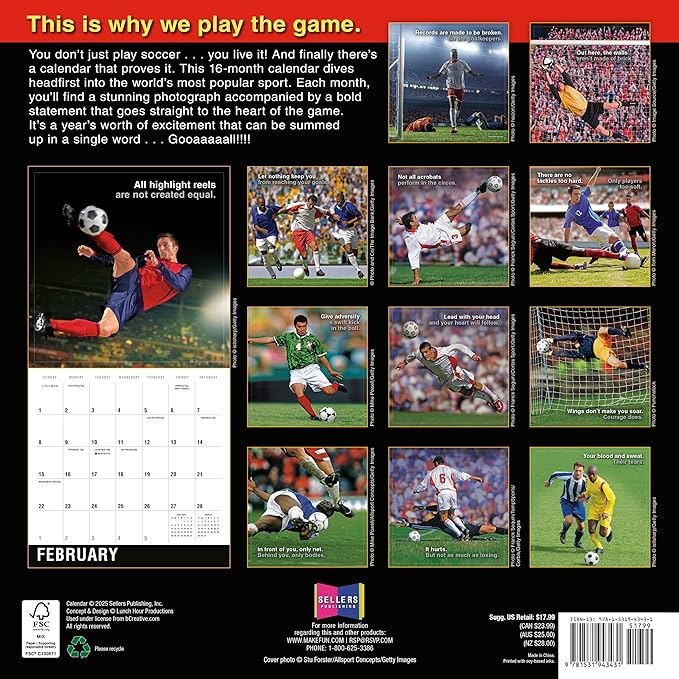 Soccer 2026 Wall Calendar, 12-Months Sports Calendar, 12" x 12", Monthly 2026 Wall Planner with Large Grids for Office or Home, for Soccer Enthusiasts