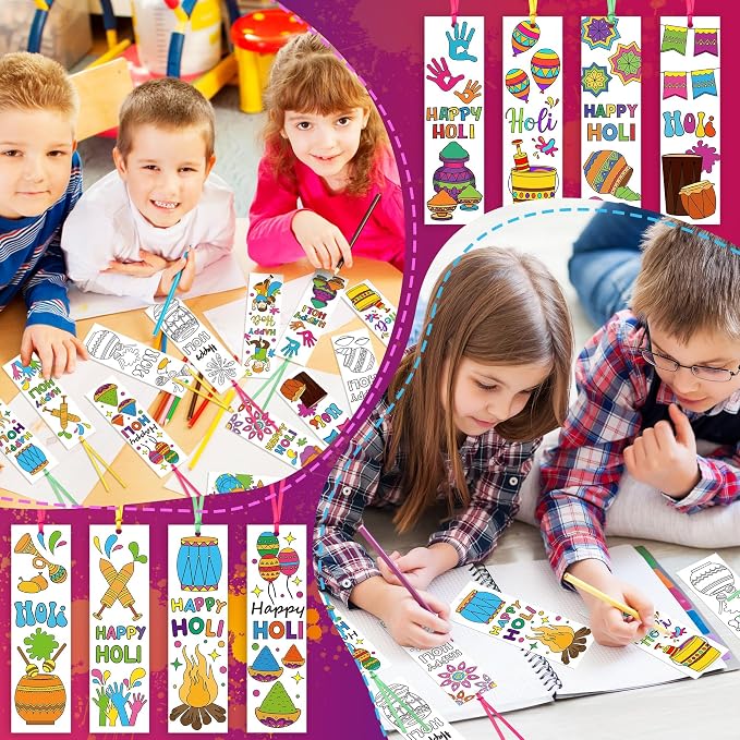 ANGOLIO Holi Coloring Your Own Bookmarks - 123Pcs Happy Holi Coloring Bookmarks DIY Blank Reading Page Holder for Indian Festival Holiday, Religious Students Rewards Party Goodie Fillers Supplies