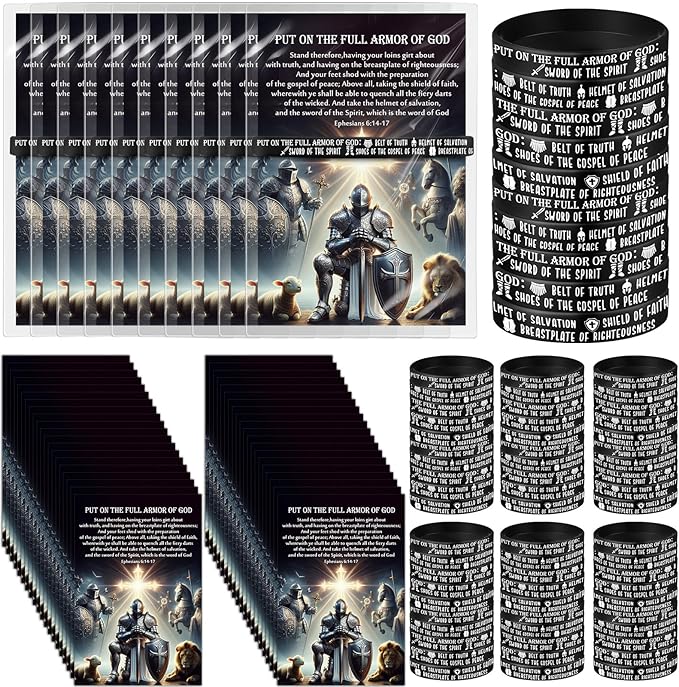 Wavwavw 60 Sets Put on The Full Armor of God Gifts Bulk Christian Pastor Bible Verse Wristband Bracelets Bookmarks Templar Knight Religious Supplies for Sunday School (Black)