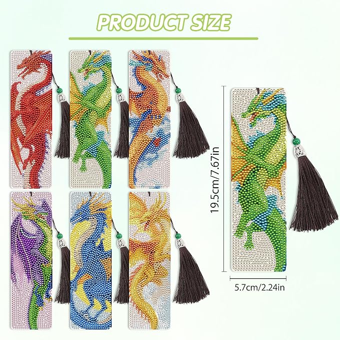 6 Pcs Dragon Diamond Art Bookmarks with Tassels, DIY Diamond Painting Bookmarks Kit for Adults Beginners and Kids, Fantasy Dragon Bookmark Making Kit with Pen Wax Tray Tools