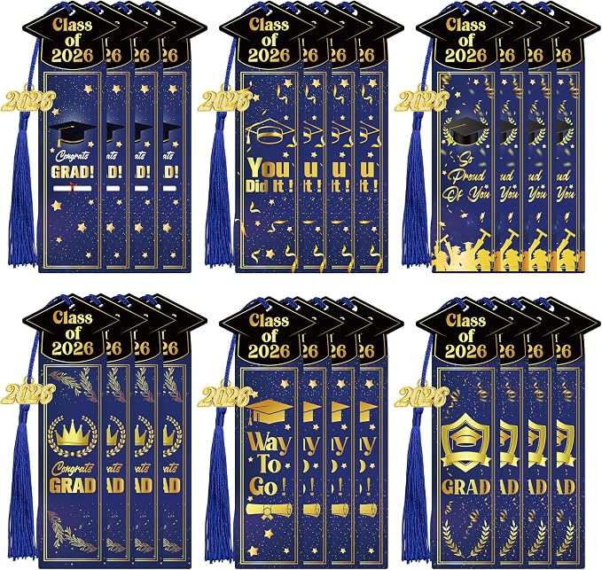 24 Sets 2026 Graduation Gifts Bulk for Students, Congrats Grad Bookmarks with Tassels Blue and Gold Inspirational Senior Party Favors Gift Idea for Him Her High School College University Graduates