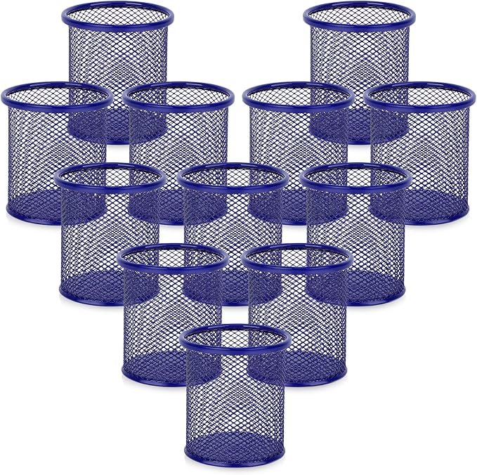 Segarty Pen Cup Holder for Desk, 12 Pack Round Dark Blue Pen Holder, Wire Mesh Pencil Cups Organizer Set for Office Supplies, School Classroom, Desktop Accessories, Makeup Brush