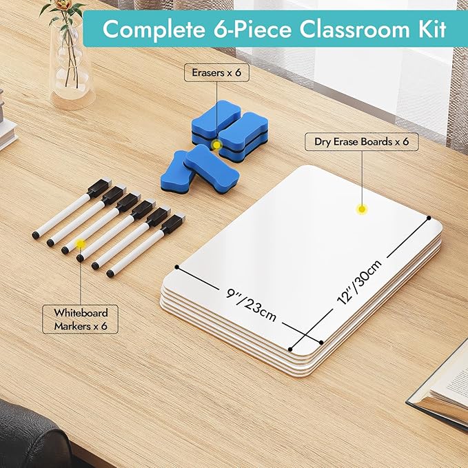6 Pack Small Dry Erase Board 12''x 9'', Double-Sided Portable Lapboards with Markers & Erasers, Handheld Marker Writing Whiteboard for Office, Home, Students and Classroom Teacher Supplies