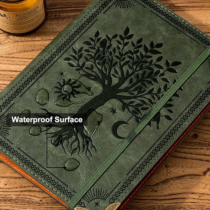 Ovesmusl PU Leather A6 Binder 6 Ring Mini Loose Leaf Binder 5.5”x7.5” No Inserts A6 Planner Binder Leather Cover Refillable Journal Cover, Green Tree