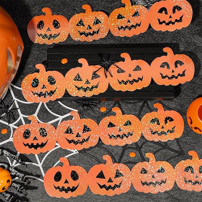 JarThenaAMCS 60 Pcs Halloween Bulletin Board Borders Orange Laser Pumpkin Face Border Trim Sparkly Self-Adhesive Sticker Decals for Holiday Party Home Classroom