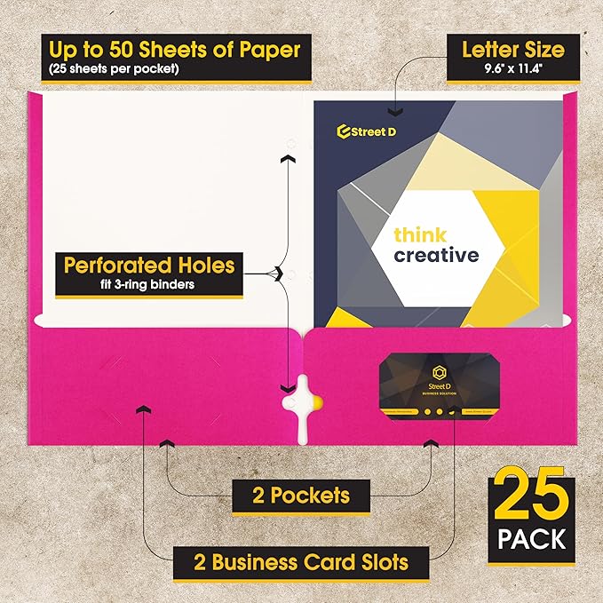 2 Pocket Portfolio Folders, 25 Pack, Trendy Cool Colors, Fits Letter Size Paper, for School, Office, Home, Matte Finish (Hot Pink)