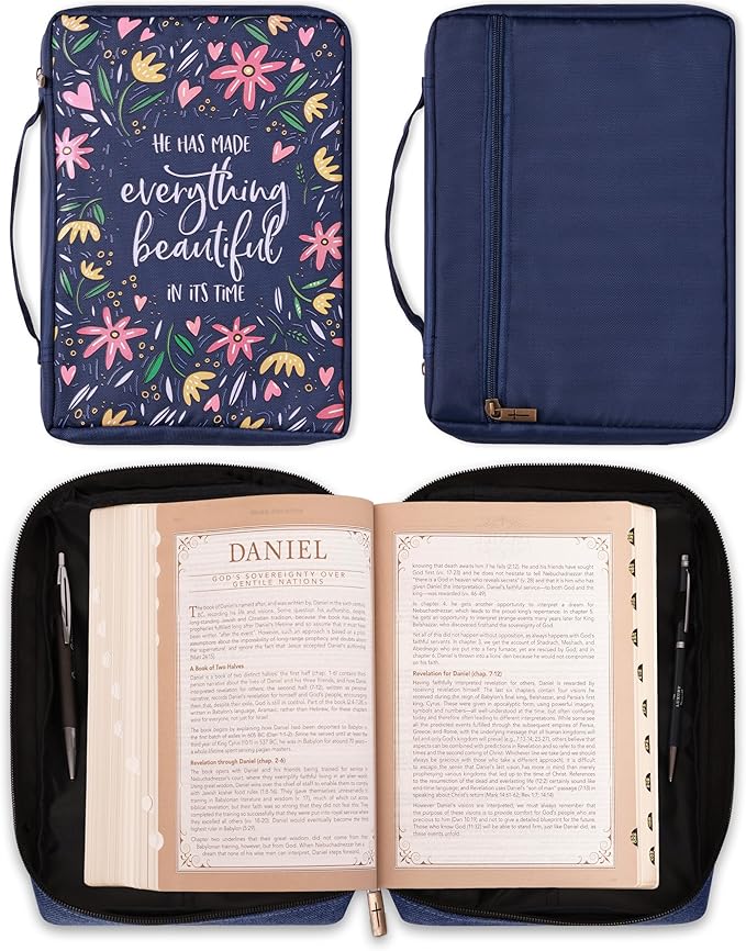 Christian Art Gifts Men/Women's Bible Cover Everything Beautiful Ecclesiastes 3:11, Blue Floral Canvas, Medium