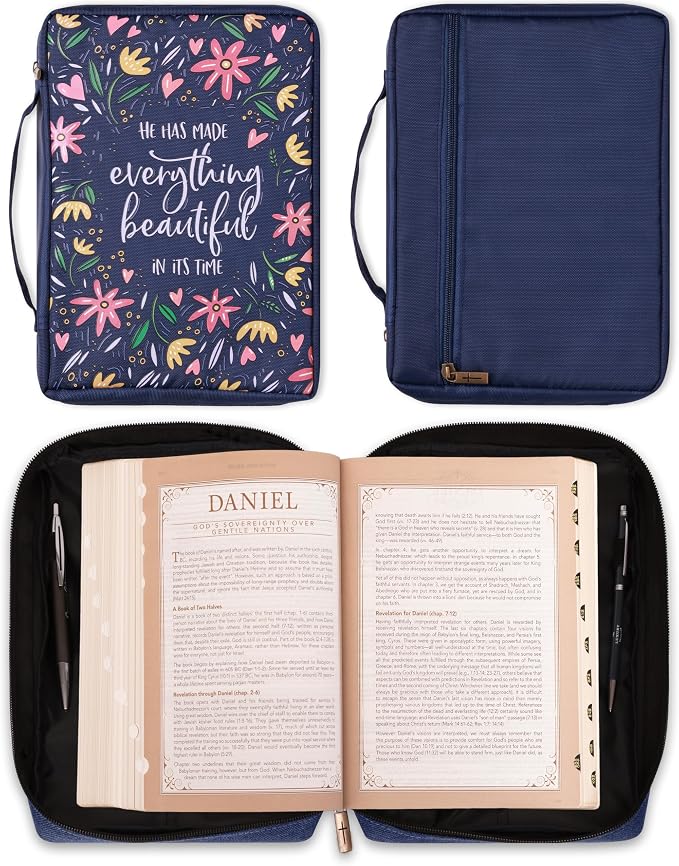 Christian Art Gifts Men/Women's Bible Cover Everything Beautiful Ecclesiastes 3:11, Blue Floral Canvas, Medium