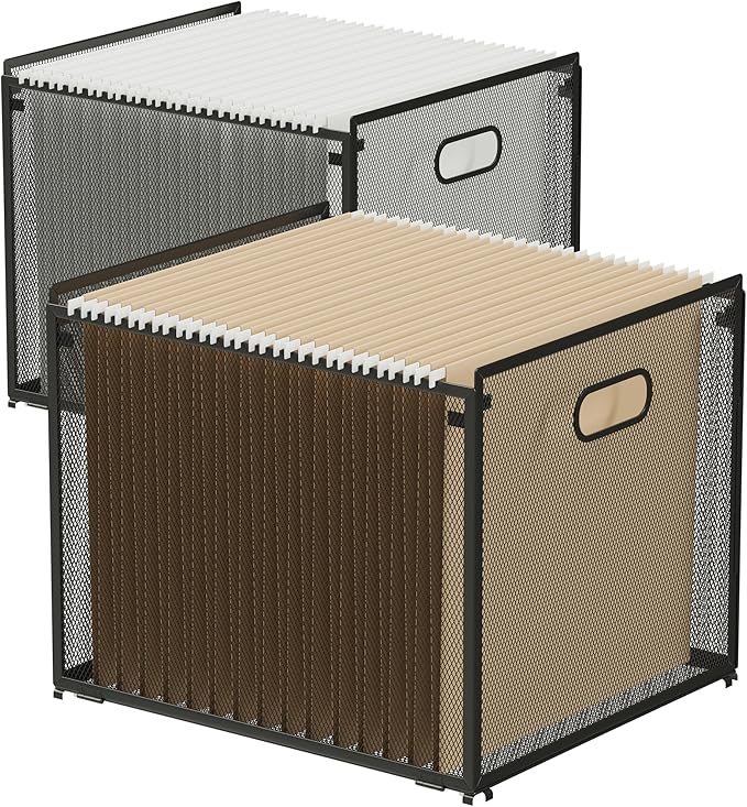 2 Pack Hanging File Box - Stackable Mesh File Folder Organizer with Handles, Fits Letter Size, Compatible with Kallax, Durable Metal File Organizer for Home Office Storage - 13.9"x12.3"x11.1"