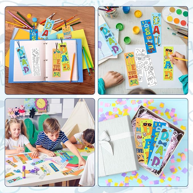 ANGOLIO Father's Day Color Your Own Bookmarks for Kids, 123Pcs DIY Father's Day Crafts for Classroom School Students, Coloring Dad Bulk Blank Bookmarks Set with Ribbons for Home Holiday Party Favor