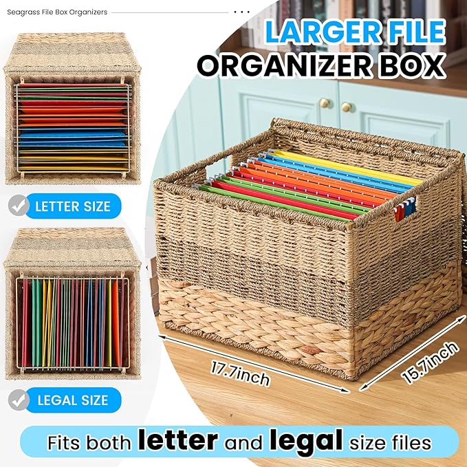 Cinnvoice Extra Large Decorative File Box 18 x 16 x 13 in Wicker Seagrass File Basket Organizer for Letter Legal Size Hand Woven Hanging Filing Cabinet with Lid for Office Water Hyacinth, Tricolor