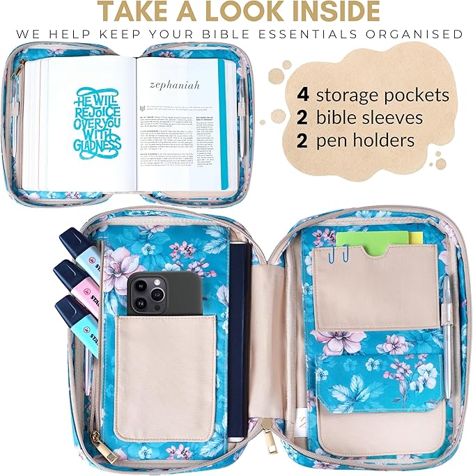 Quilted Bible Case for 6.5 X 9.5 inch Books, Bible Carrying Case for Women, Teal Bible Cover