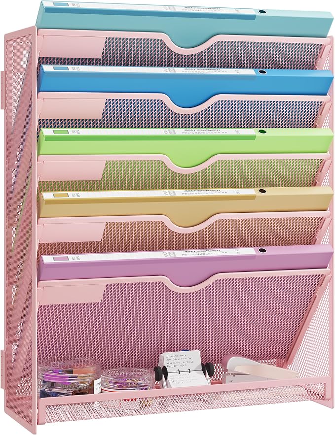 Pink Desk Organizer, Hanging Wall File Organizer with 6 Tiers, Metal Mesh Magazine & Mail Holder for Office Desk, Wall Mount Document Organizer for Home Decor