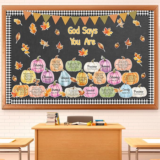 137Pcs Religious Fall Bulletin Board Decorations Set, Christian Bible Verse Thanksgiving Bulletin Board Decor, Watercolor Pumpkin Maple Leaves Cutout Sunday School Chalkboard Wall Supplies
