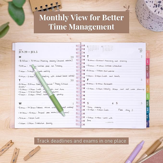 Rileys Academic Planner 2026-2027, Daily, Weekly & Monthly Planner, July 2026 - June 2027, Student Notes Pages, Twin-Wire Binding, Weekly Agenda for School & Work (8 x 6-Inches, Typographic, Pink)